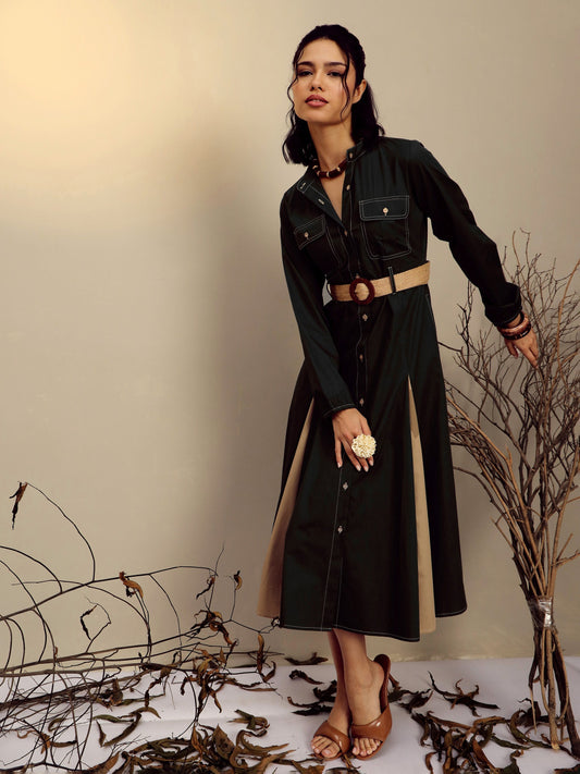 Women Black Poplin Kick Pleat Midi Dress