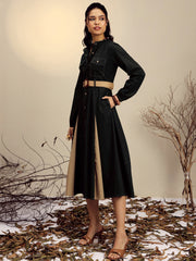 Women Black Poplin Kick Pleat Midi Dress