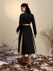 Women Black Poplin Kick Pleat Midi Dress