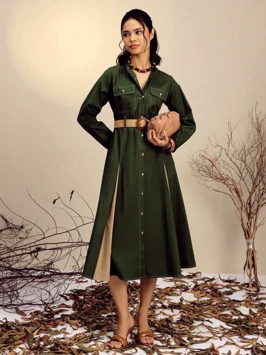 Women Olive Poplin Kick Pleat Midi Dress