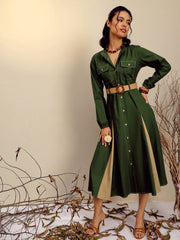 Women Olive Poplin Kick Pleat Midi Dress