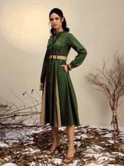 Women Olive Poplin Kick Pleat Midi Dress