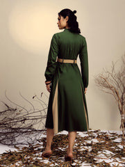 Women Olive Poplin Kick Pleat Midi Dress