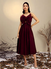 Women Maroon Poplin Front Bow Strappy Midi Dress