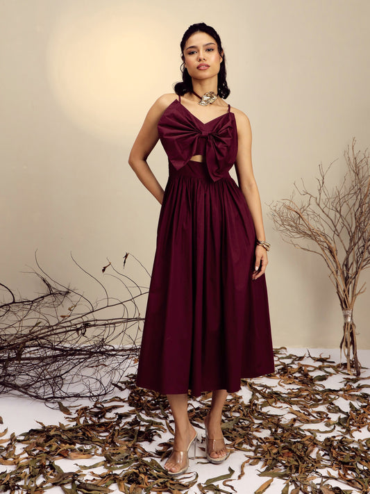 Women Maroon Poplin Front Bow Strappy Midi Dress