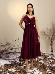 Women Maroon Poplin Front Bow Strappy Midi Dress