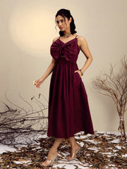 Women Maroon Poplin Front Bow Strappy Midi Dress
