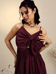 Women Maroon Poplin Front Bow Strappy Midi Dress