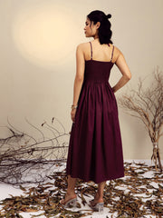 Women Maroon Poplin Front Bow Strappy Midi Dress