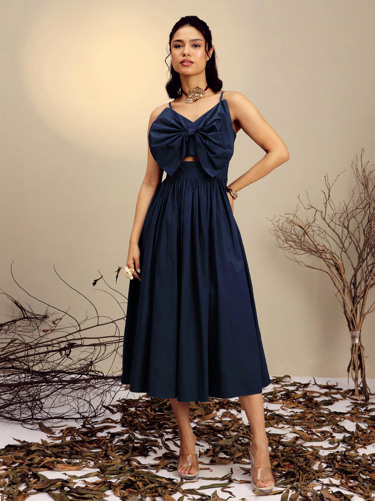 Women Navy Poplin Front Bow Strappy Midi Dress