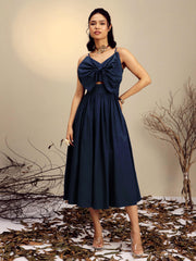 Women Navy Poplin Front Bow Strappy Midi Dress