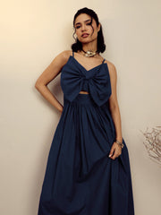 Women Navy Poplin Front Bow Strappy Midi Dress