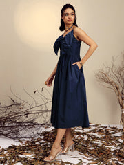 Women Navy Poplin Front Bow Strappy Midi Dress