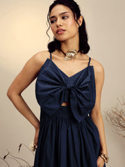 Women Navy Poplin Front Bow Strappy Midi Dress