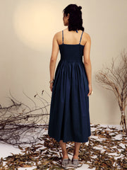 Women Navy Poplin Front Bow Strappy Midi Dress