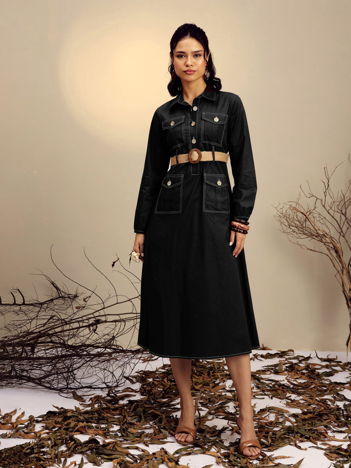 Women Black Poplin Front Open Midi Dress