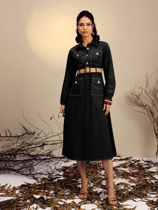 Women Black Poplin Front Open Midi Dress