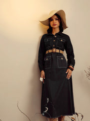 Women Black Poplin Front Open Midi Dress