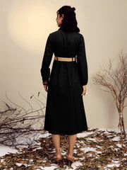 Women Black Poplin Front Open Midi Dress
