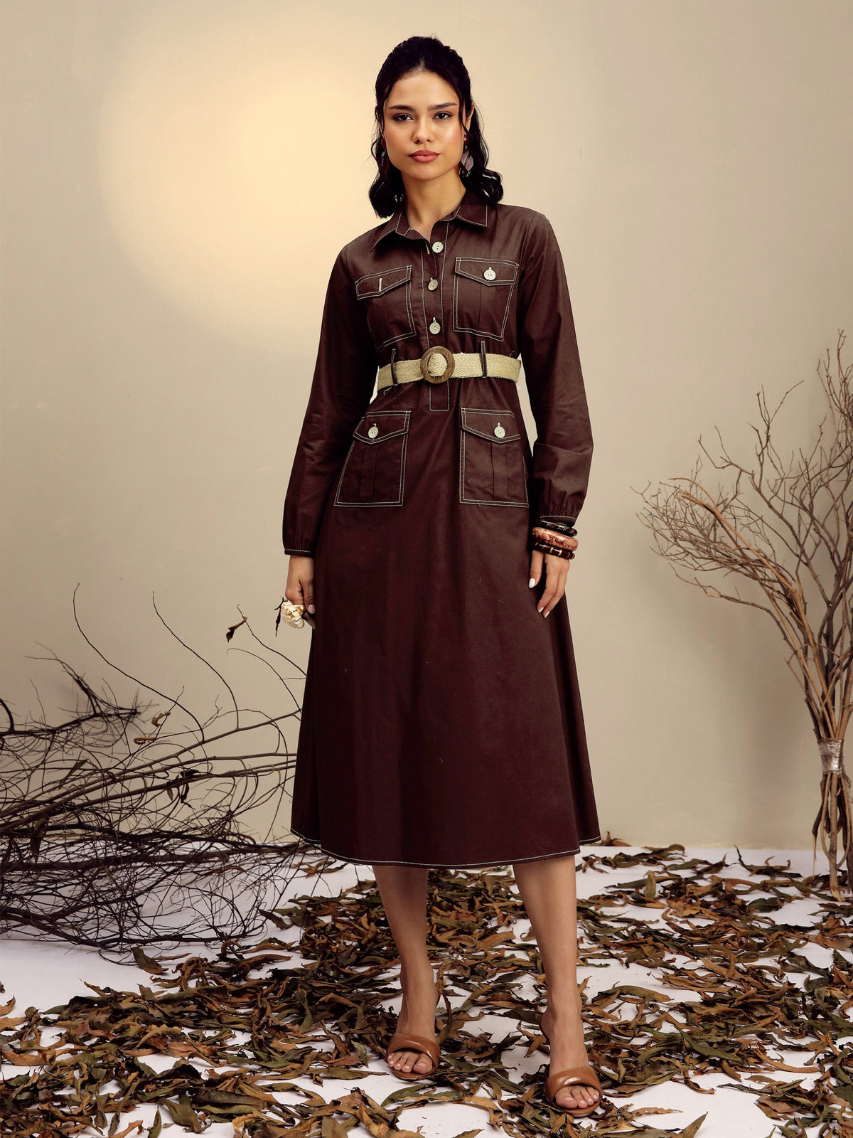 Women Brown Poplin Front Open Midi Dress