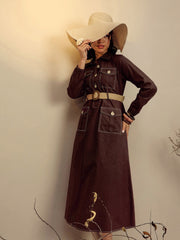 Women Brown Poplin Front Open Midi Dress