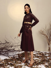 Women Brown Poplin Front Open Midi Dress