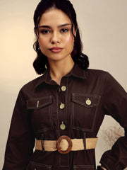 Women Brown Poplin Front Open Midi Dress