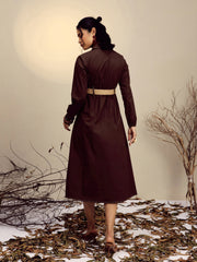 Women Brown Poplin Front Open Midi Dress