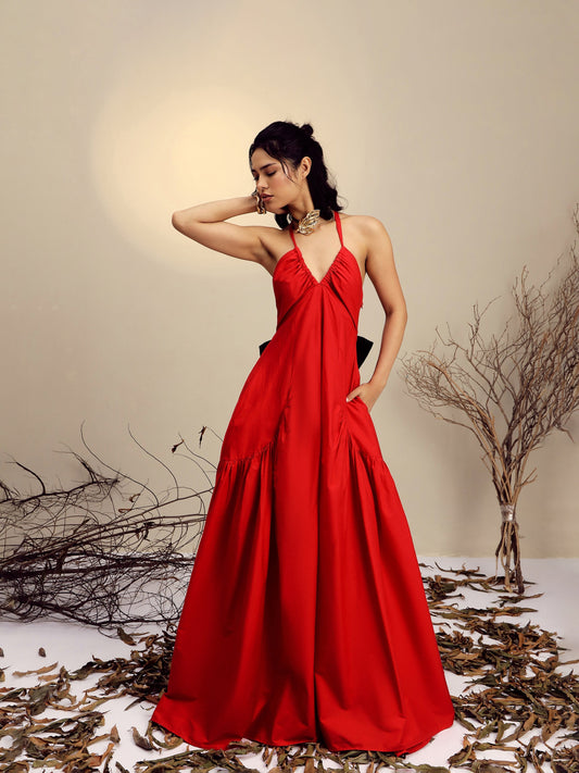Women Red Poplin Back Bow Strappy Maxi Dress