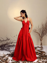 Women Red Poplin Back Bow Strappy Maxi Dress