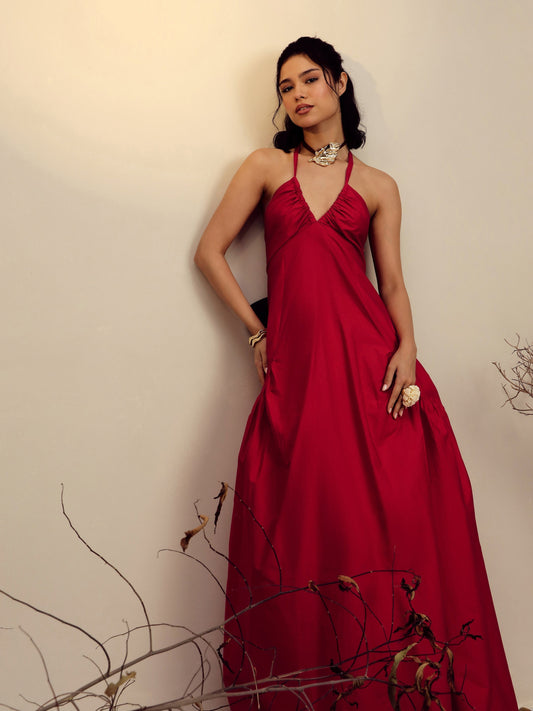 Women Red Poplin Back Bow Strappy Maxi Dress