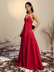 Women Red Poplin Back Bow Strappy Maxi Dress