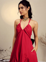 Women Red Poplin Back Bow Strappy Maxi Dress