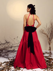 Women Red Poplin Back Bow Strappy Maxi Dress