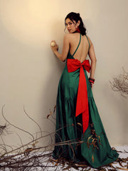 Women Green Poplin Back Bow Strappy Maxi Dress