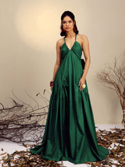 Women Green Poplin Back Bow Strappy Maxi Dress
