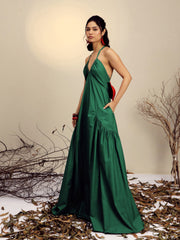 Women Green Poplin Back Bow Strappy Maxi Dress
