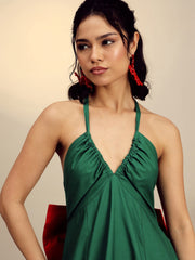 Women Green Poplin Back Bow Strappy Maxi Dress