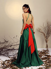 Women Green Poplin Back Bow Strappy Maxi Dress