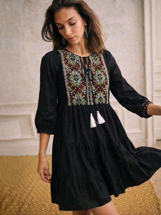Women Black Poplin Embroidered Round Neck Gathered Dress