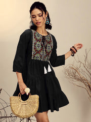 Women Black Poplin Embroidered Round Neck Gathered Dress