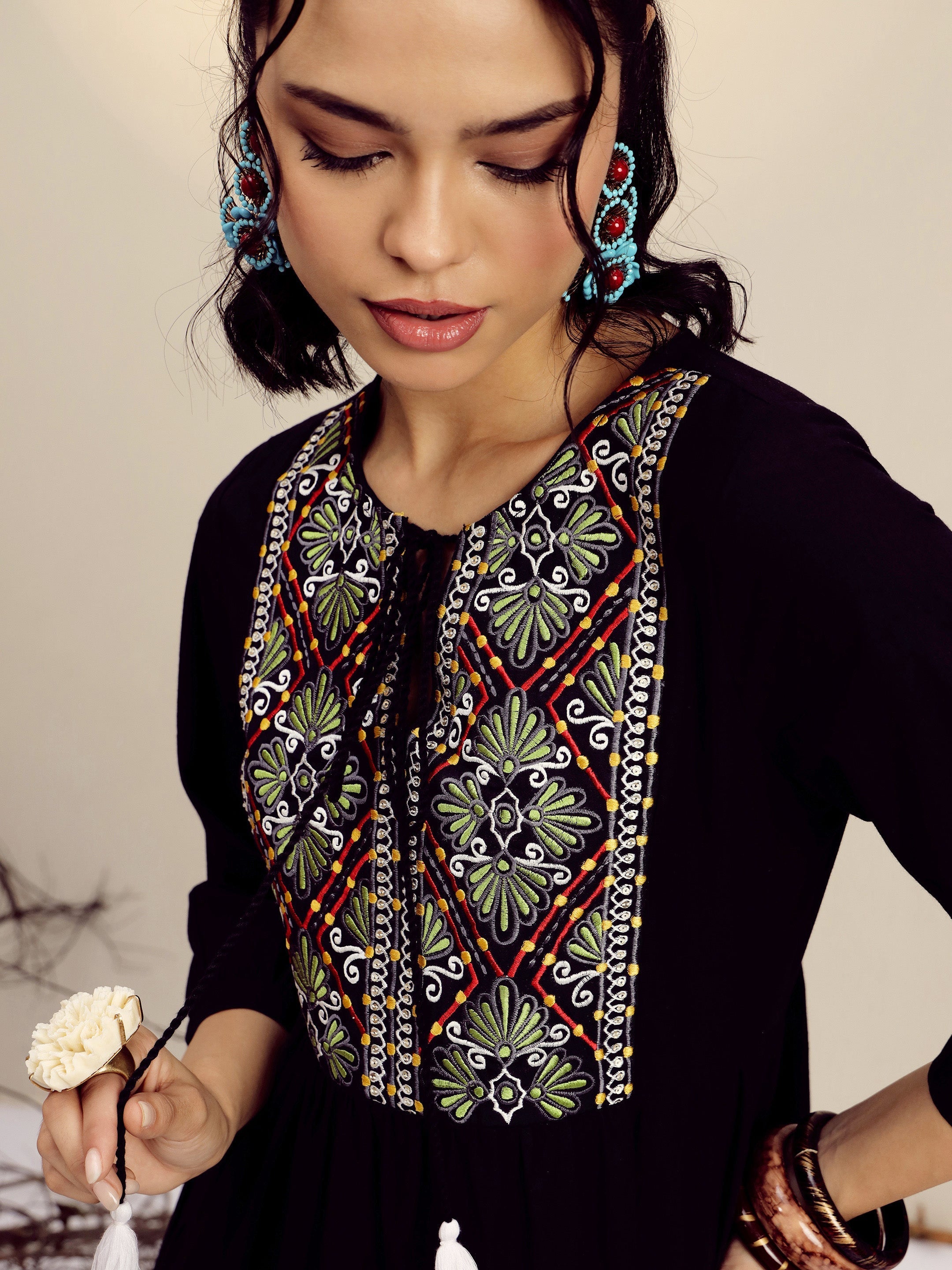 Women Black Poplin Embroidered Round Neck Gathered Dress