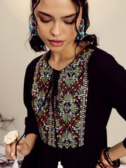 Women Black Poplin Embroidered Round Neck Gathered Dress