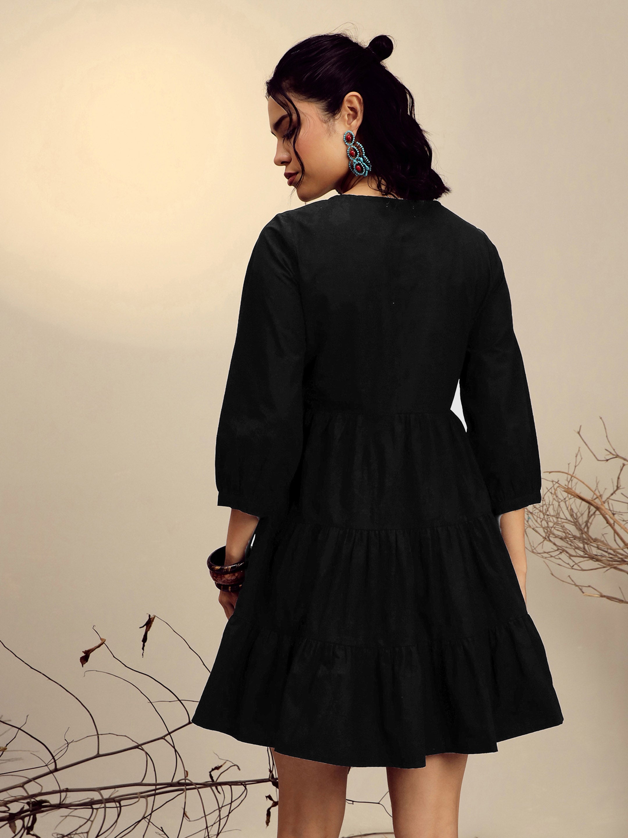 Women Black Poplin Embroidered Round Neck Gathered Dress