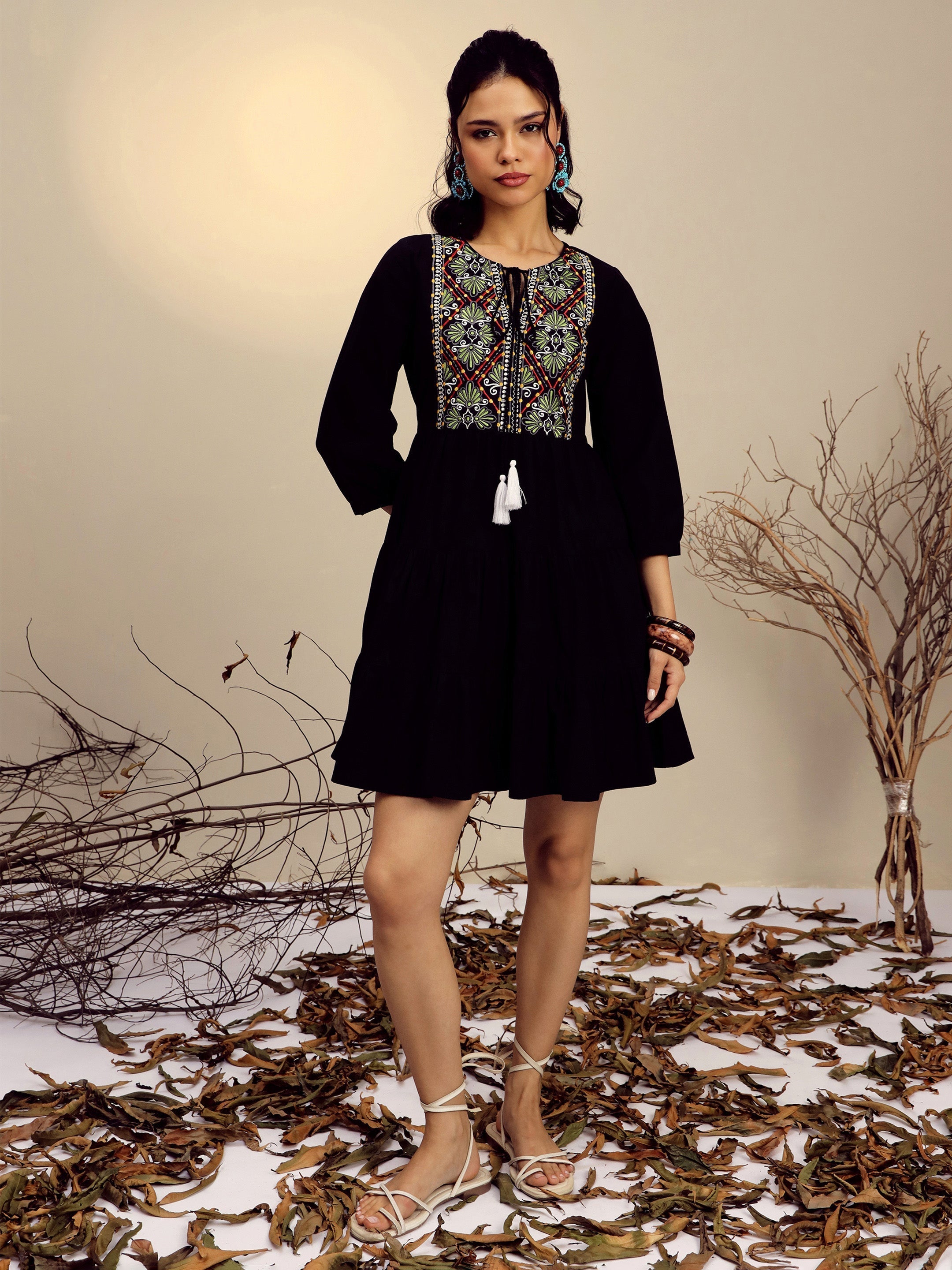Women Black Poplin Embroidered Round Neck Gathered Dress