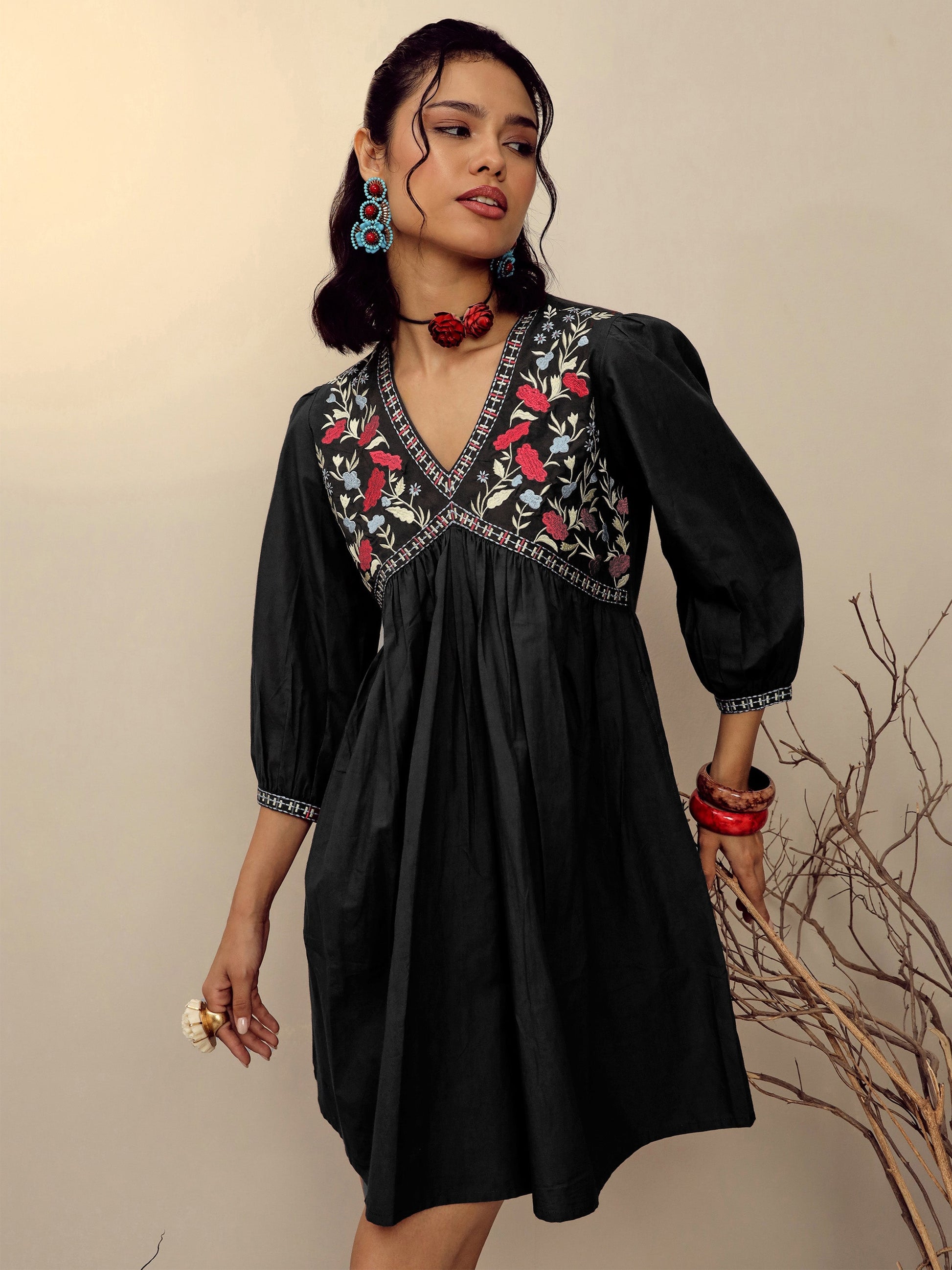 Black Poplin Embroidered V Neck Gathered Dress Pink Paprika By SASSAFRAS