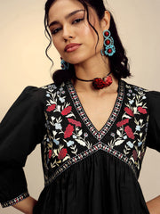 Black Poplin Embroidered V Neck Gathered Dress Pink Paprika By SASSAFRAS