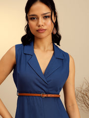 Women Navy Notch Collar Front Slit Midi Dress