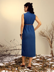 Women Navy Notch Collar Front Slit Midi Dress