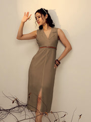 Women Beige Notch Collar Front Slit Midi Dress